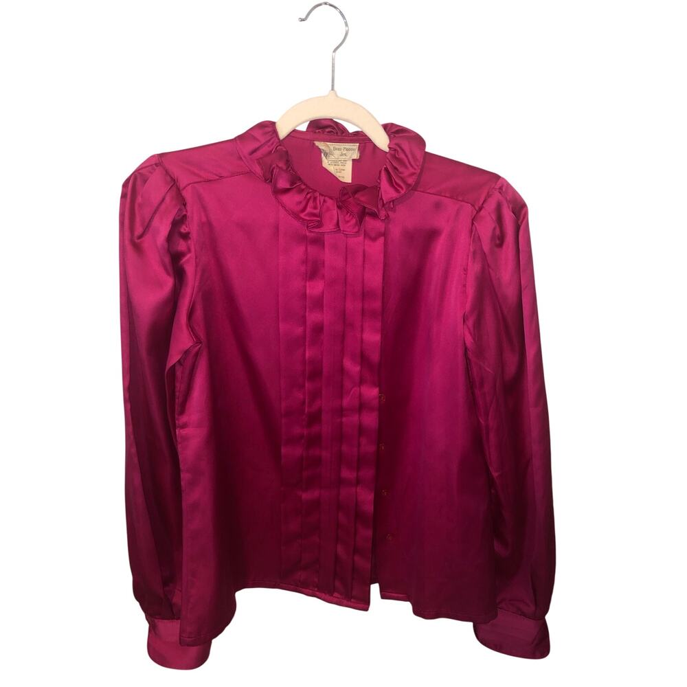Vintage 70s Evan Picone Satin Tuxedo Blouse Ruffle Collar Size XS Fuschia Pink